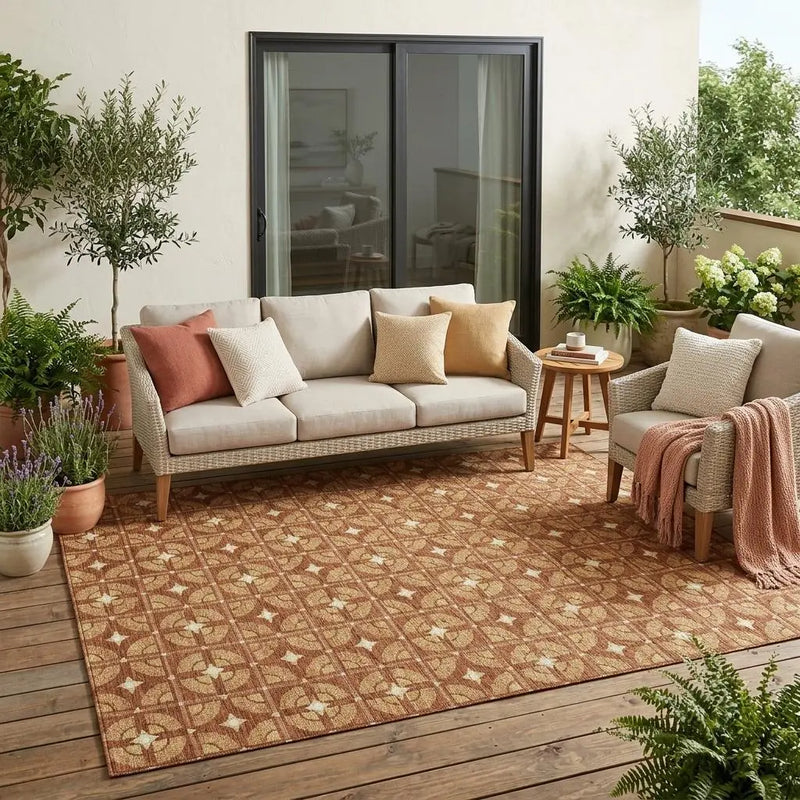 5' X 8' Orange And Copper Geometric Washable Indoor Outdoor Area Rug Homeroots Outdoor
