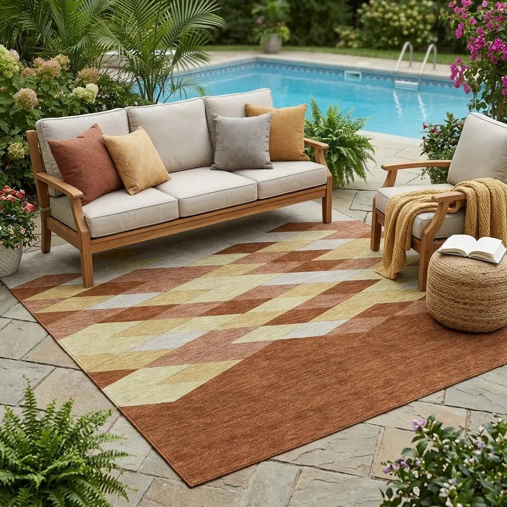 5' X 8' Orange And Copper Geometric Washable Indoor Outdoor Area Rug Homeroots Outdoor