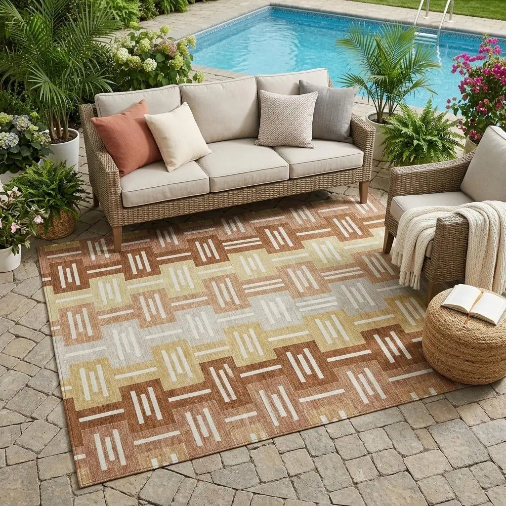 5' X 8' Orange And Copper Geometric Washable Indoor Outdoor Area Rug Homeroots Outdoor