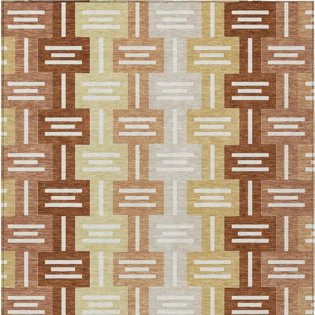 5' X 8' Orange And Copper Geometric Washable Indoor Outdoor Area Rug Homeroots Outdoor