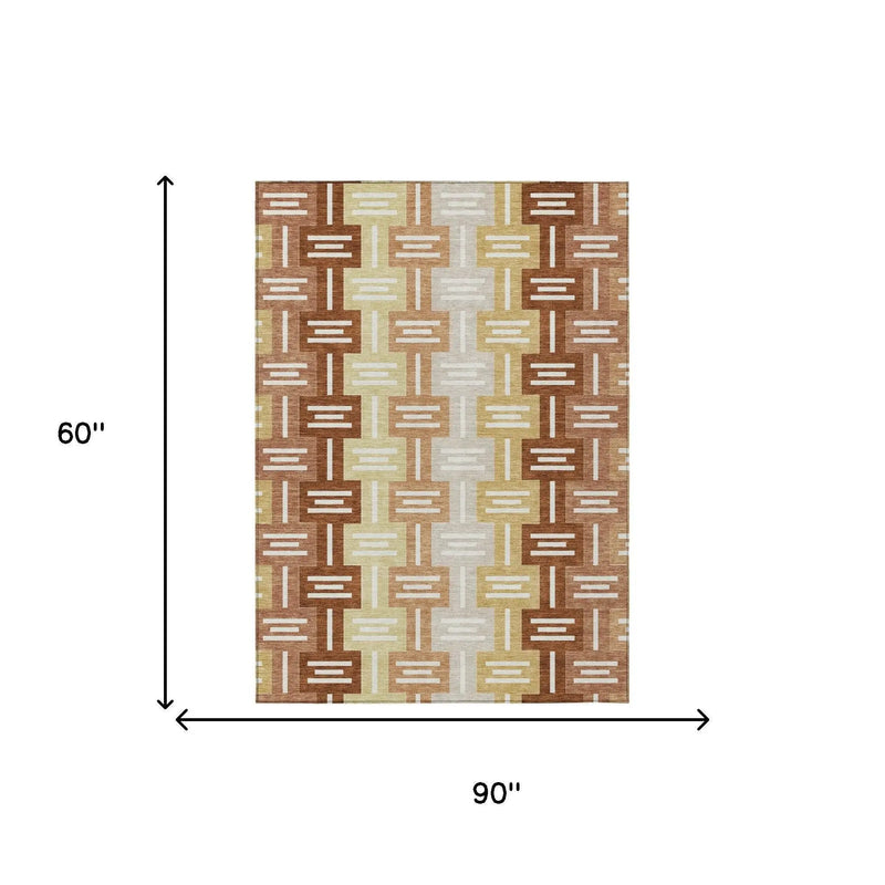 5' X 8' Orange And Copper Geometric Washable Indoor Outdoor Area Rug Homeroots Outdoor