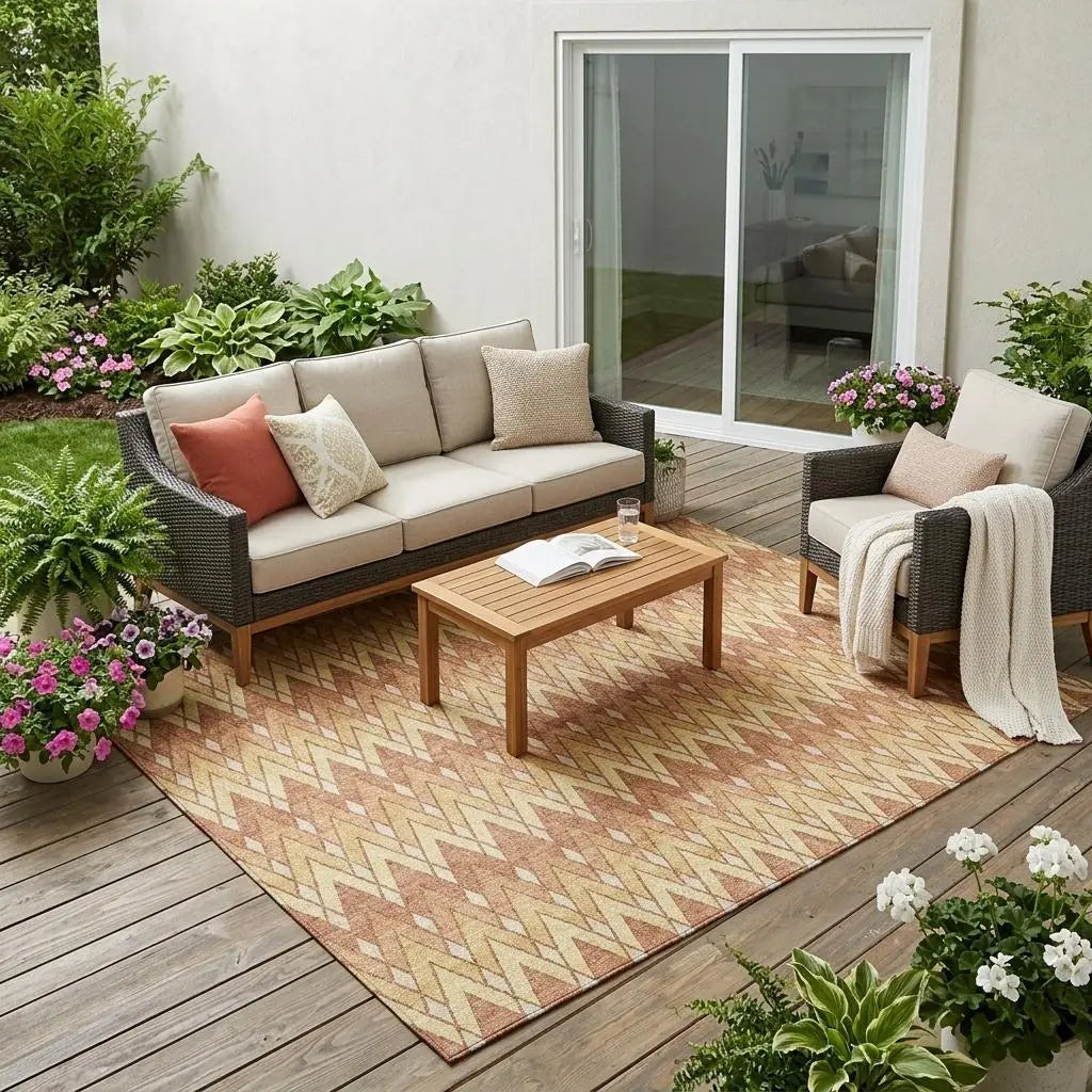 5' X 8' Orange And Copper Geometric Washable Indoor Outdoor Area Rug Homeroots Outdoor
