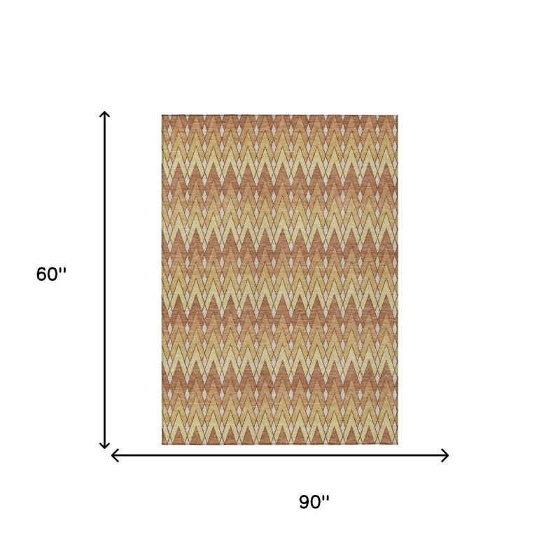 5' X 8' Orange And Copper Geometric Washable Indoor Outdoor Area Rug Homeroots Outdoor