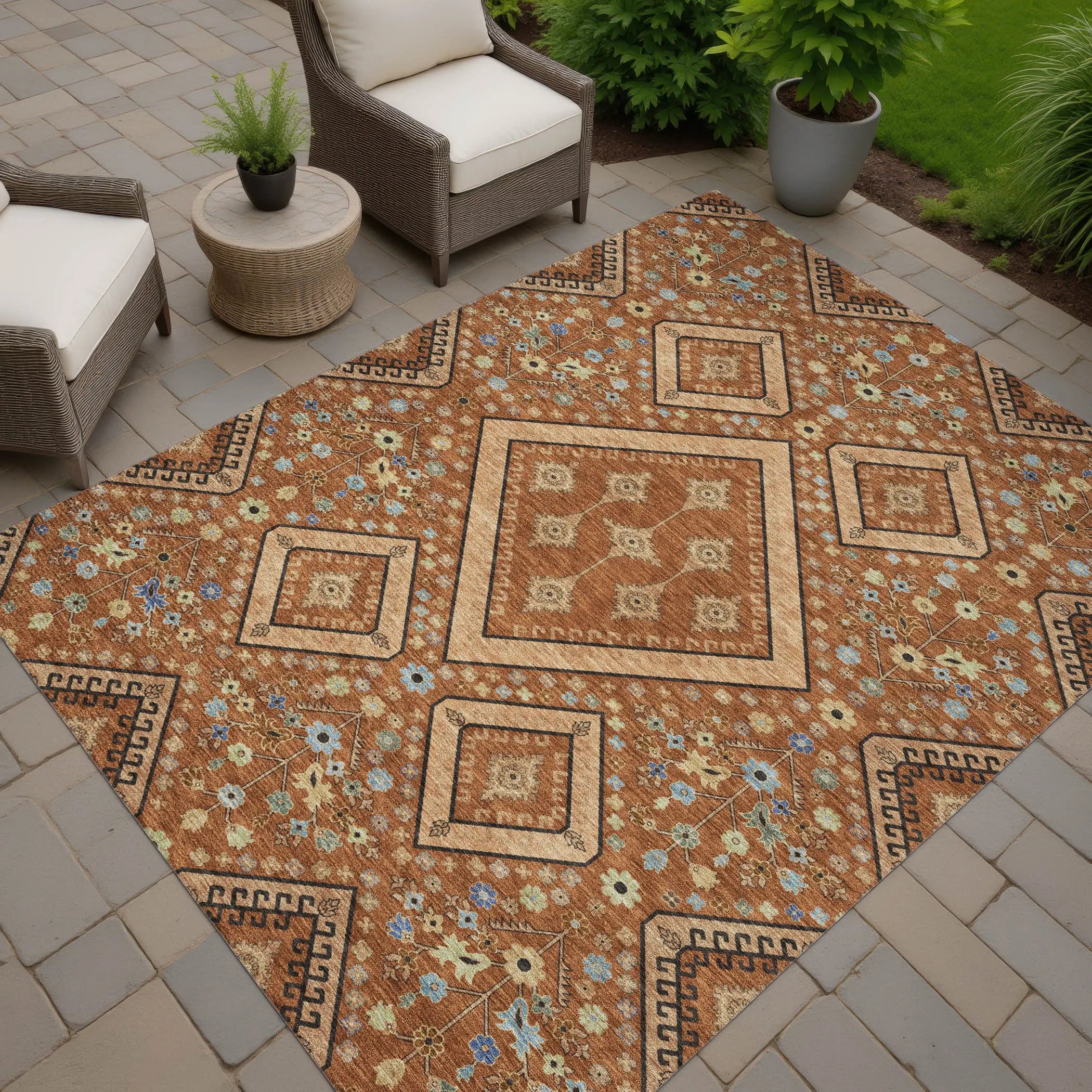 5' X 8' Orange And Copper Medallion Washable Indoor Outdoor Area Rug Homeroots Outdoor