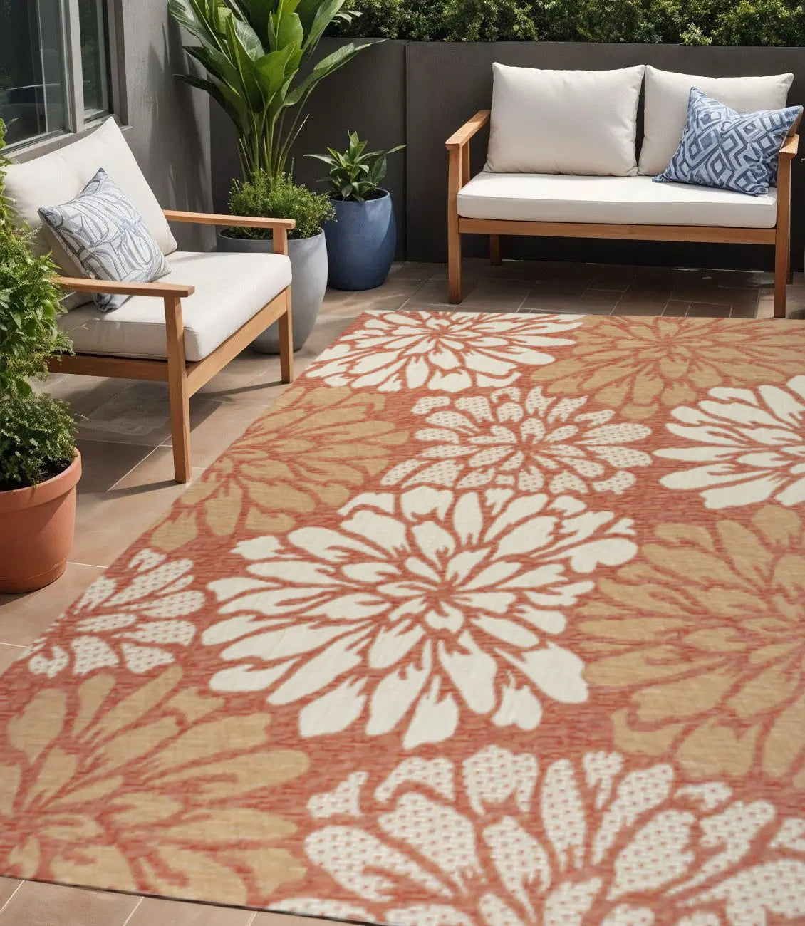 5' X 8' Orange And Cream Floral Indoor Outdoor Area Rug Homeroots Outdoor