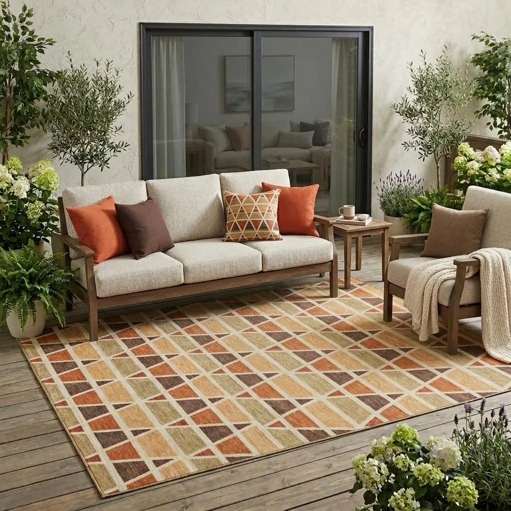 5' X 8' Orange And Cream Geometric Washable Indoor Outdoor Area Rug Homeroots Outdoor