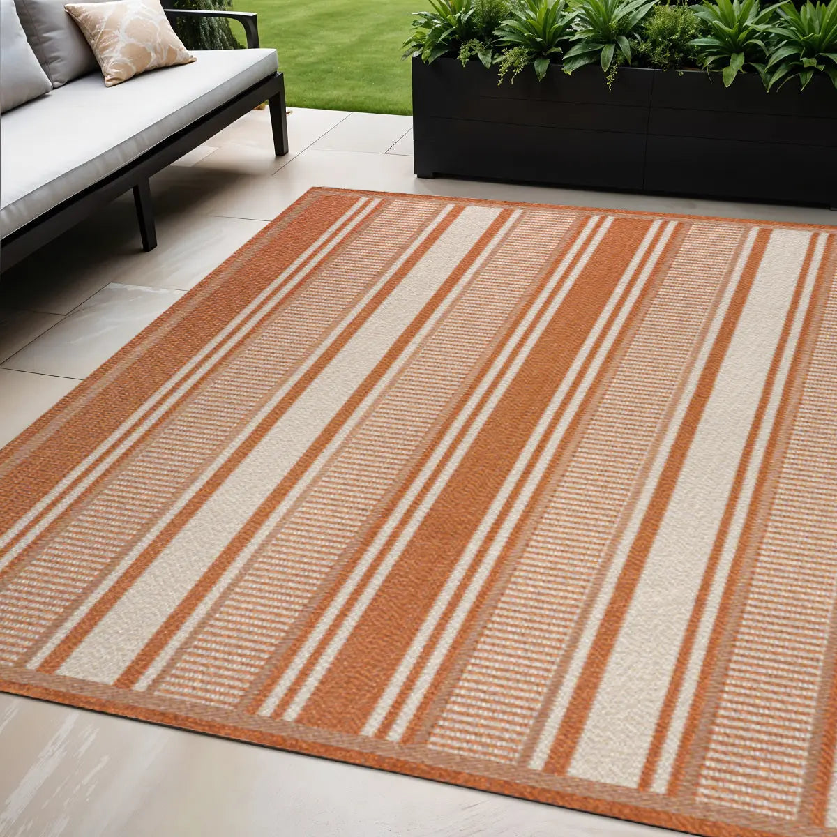 5' X 8' Orange And Cream Striped Indoor Outdoor Area Rug Homeroots Outdoor