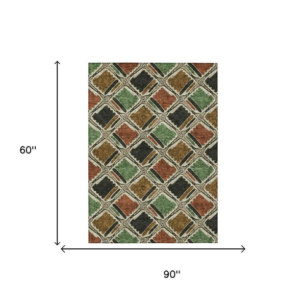 5' X 8' Orange And Emerald Geometric Washable Indoor Outdoor Area Rug Homeroots Outdoor