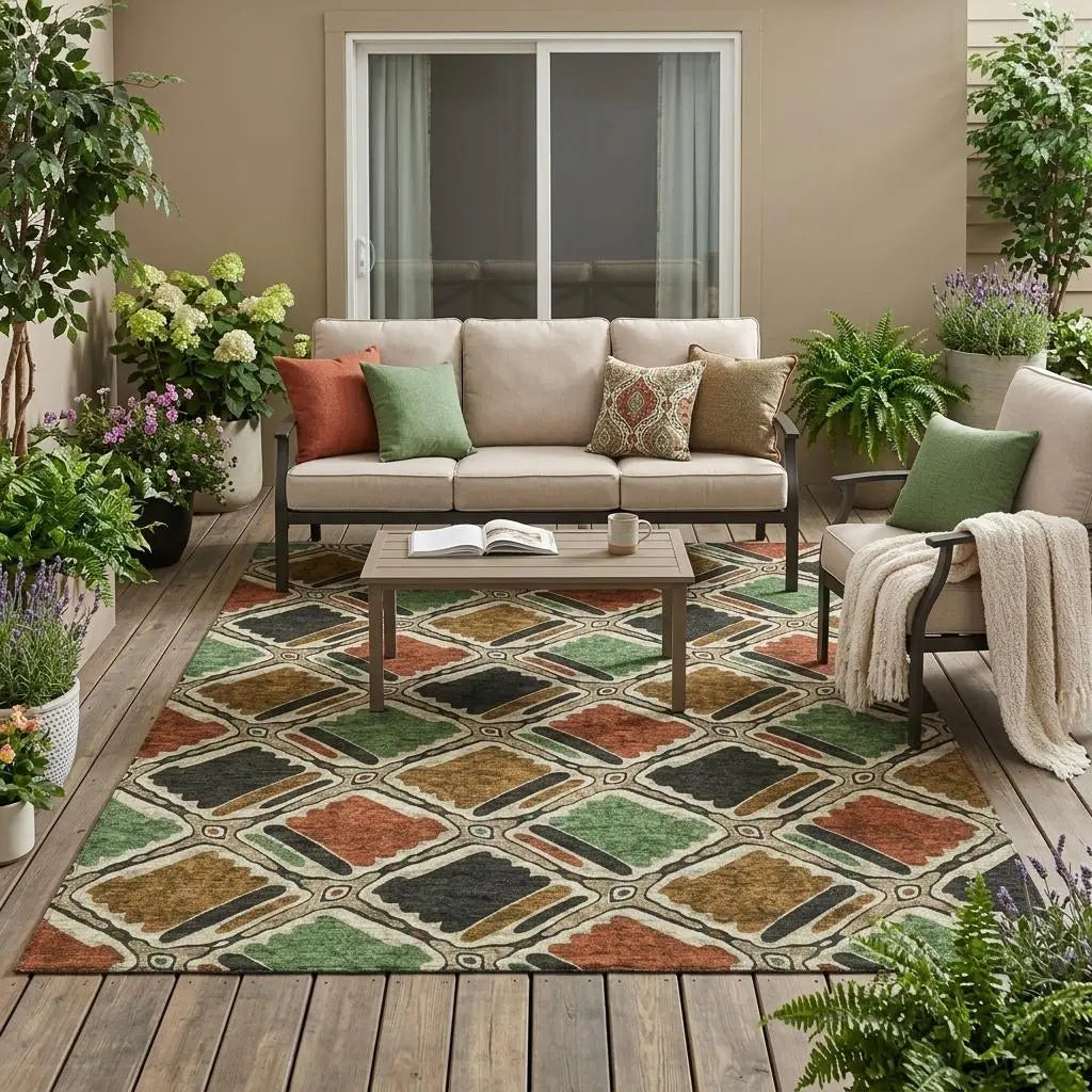 5' X 8' Orange And Emerald Geometric Washable Indoor Outdoor Area Rug Homeroots Outdoor