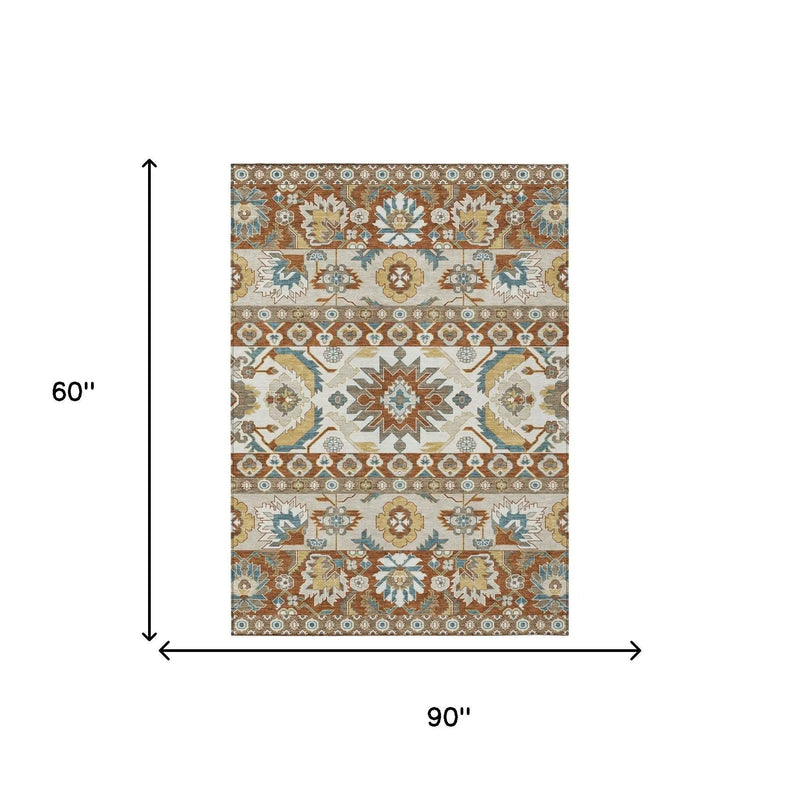 5' X 8' Orange And Gold Cactus Washable Indoor Outdoor Area Rug Homeroots Outdoor