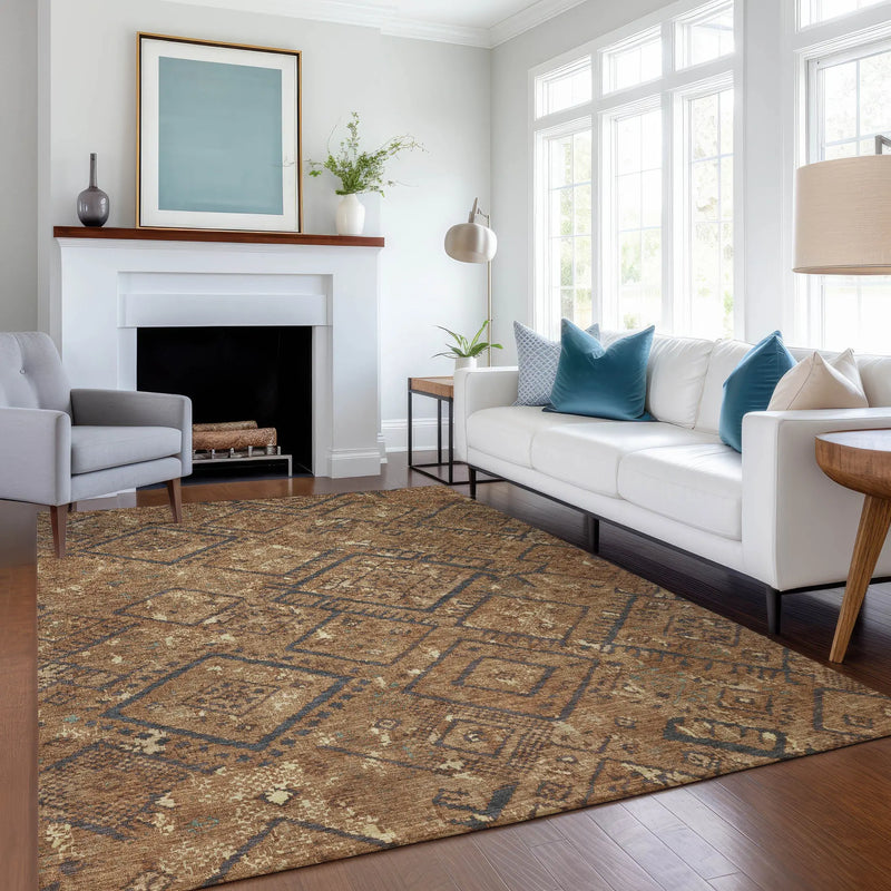 5' X 8' Orange And Gold Geometric Washable Indoor Outdoor Area Rug Homeroots Outdoor