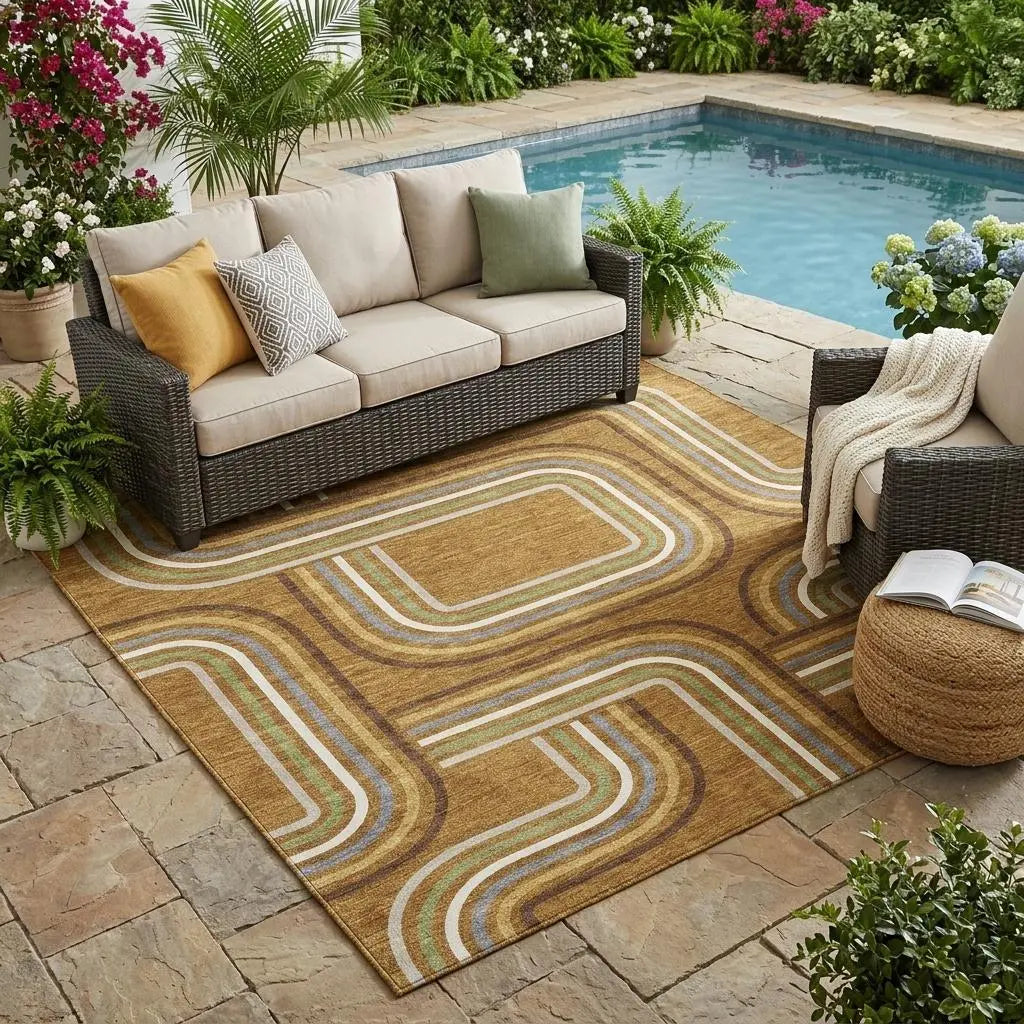 5' X 8' Orange And Gold Geometric Washable Indoor Outdoor Area Rug Homeroots Outdoor