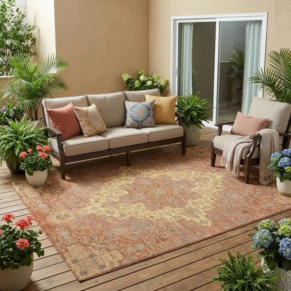 5' X 8' Orange And Gold Medallion Washable Indoor Outdoor Area Rug Homeroots Outdoor