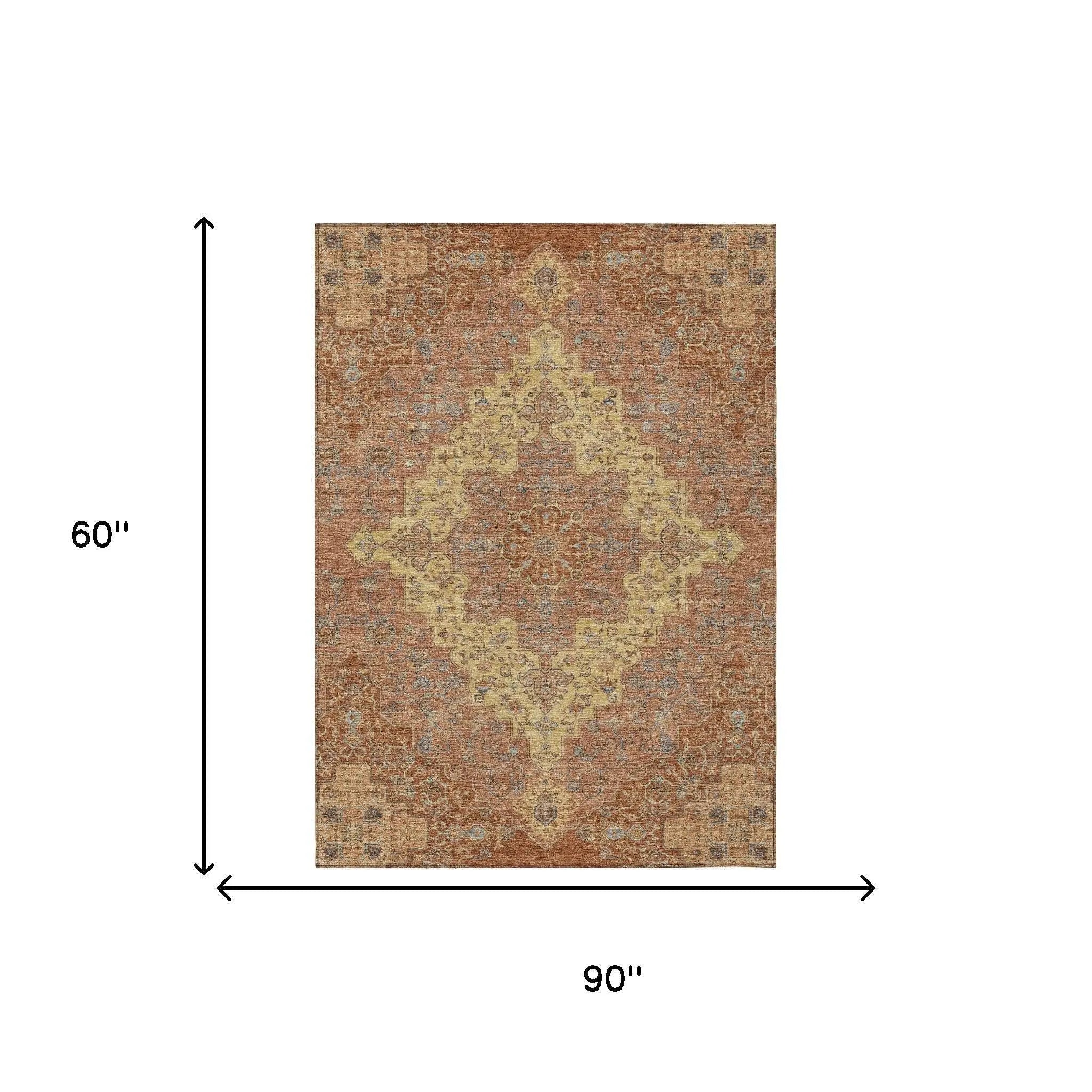 5' X 8' Orange And Gold Medallion Washable Indoor Outdoor Area Rug Homeroots Outdoor