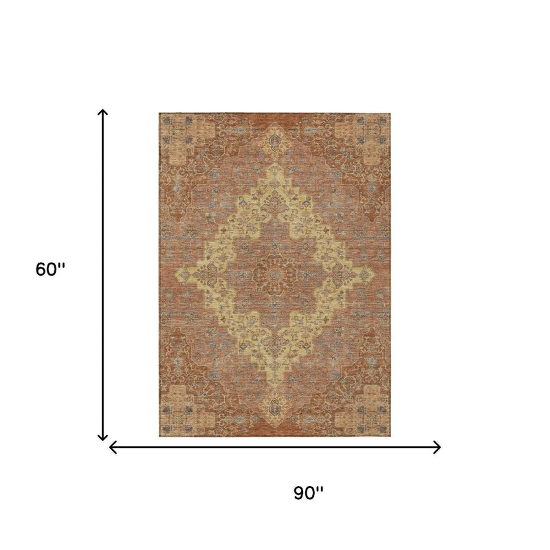 5' X 8' Orange And Gold Medallion Washable Indoor Outdoor Area Rug Homeroots Outdoor