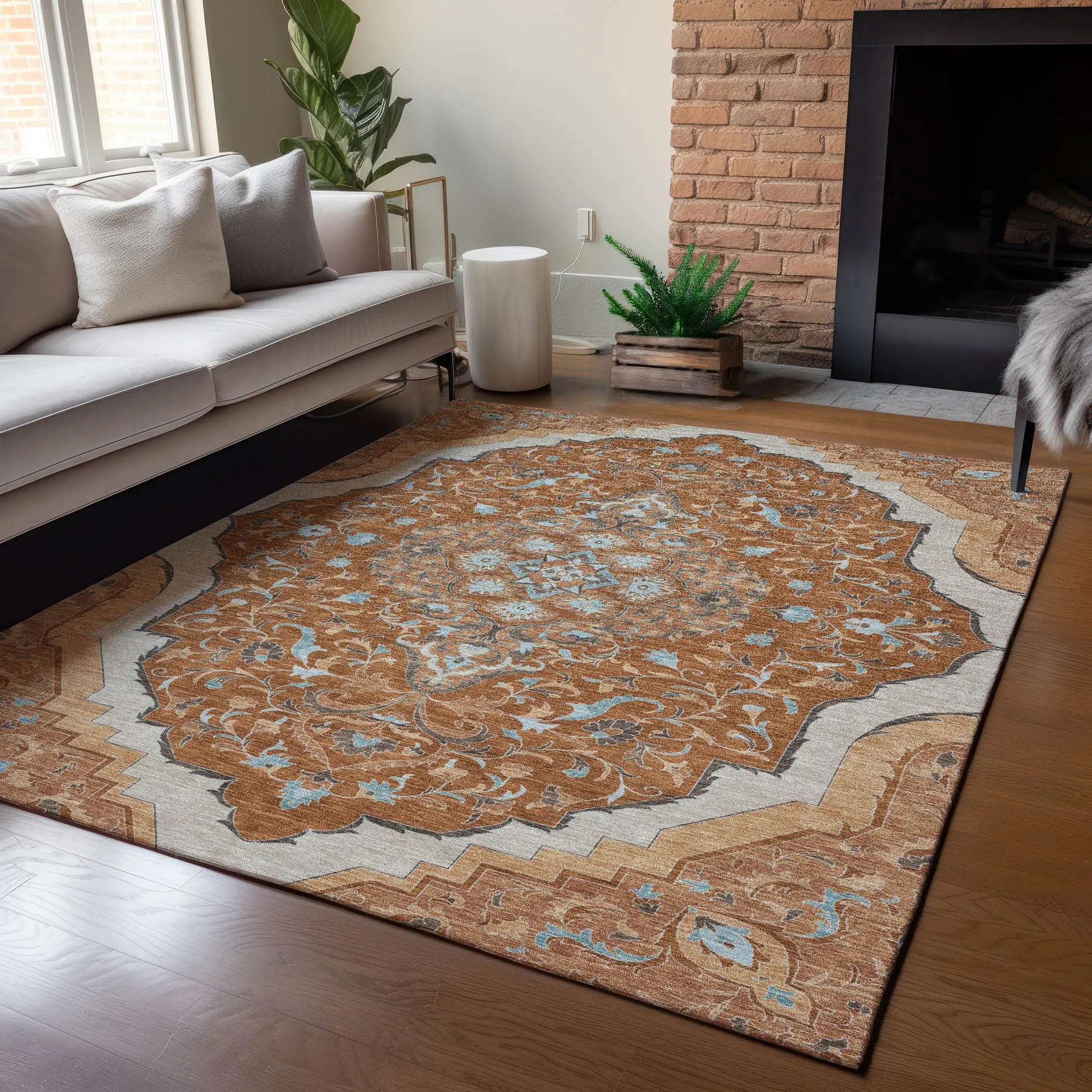 5' X 8' Orange And Graphite Medallion Washable Indoor Outdoor Area Rug Homeroots Outdoor
