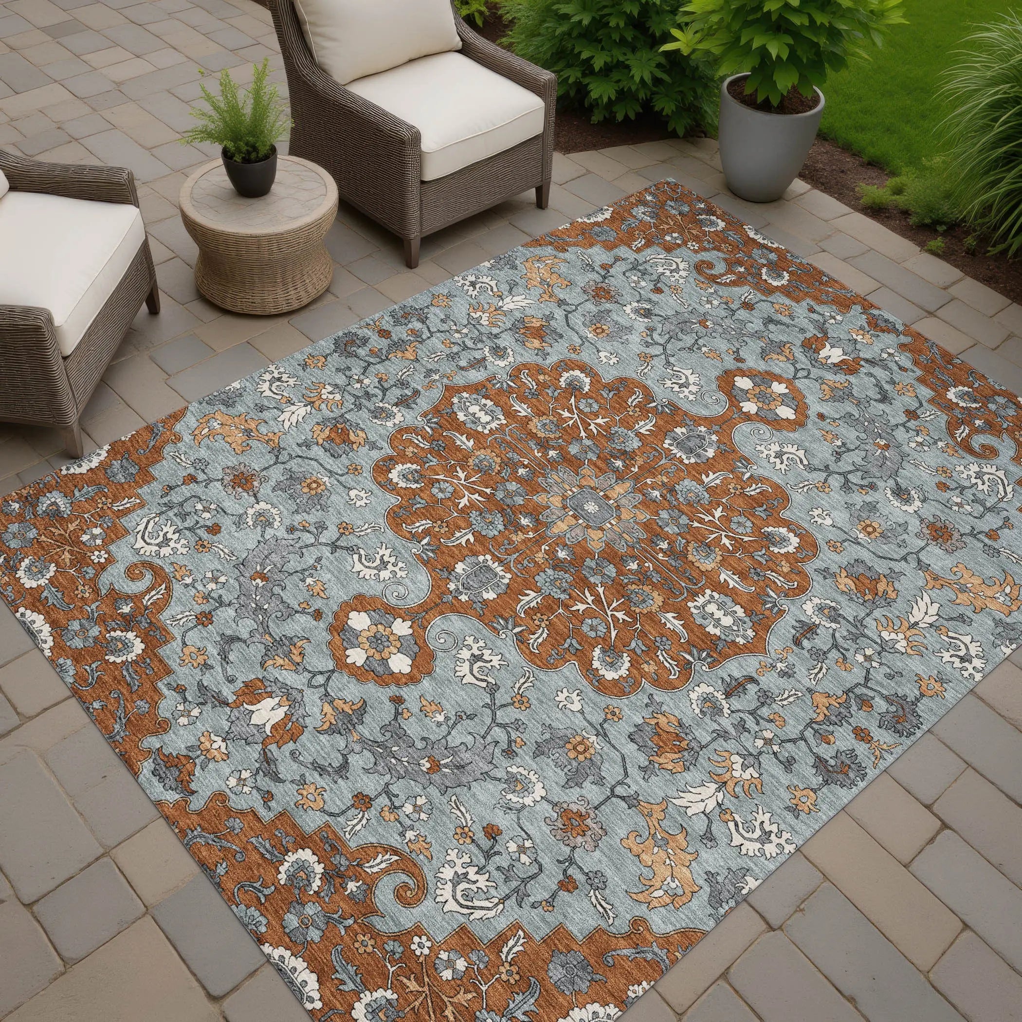5' X 8' Orange And Gray Floral Medallion Washable Indoor Outdoor Area Rug Homeroots Outdoor