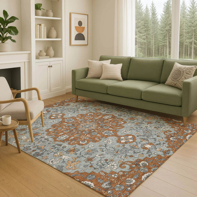 5' X 8' Orange And Gray Floral Medallion Washable Indoor Outdoor Area Rug Homeroots Outdoor