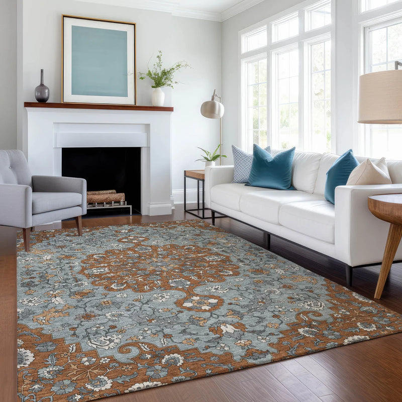 5' X 8' Orange And Gray Floral Medallion Washable Indoor Outdoor Area Rug Homeroots Outdoor