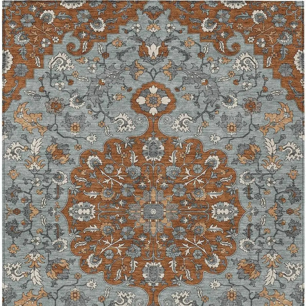 5' X 8' Orange And Gray Floral Medallion Washable Indoor Outdoor Area Rug Homeroots Outdoor