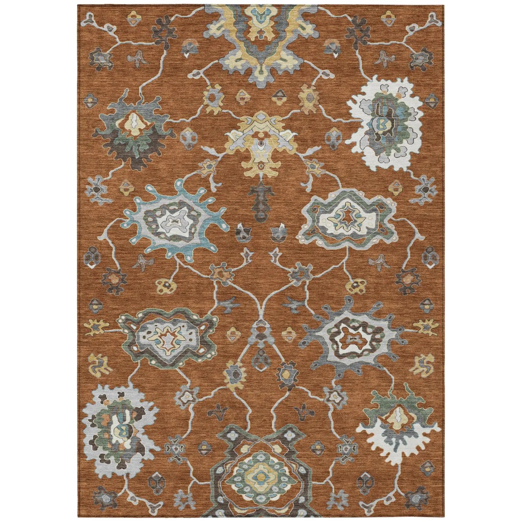 5' X 8' Orange And Gray Oriental Washable Indoor Outdoor Area Rug Homeroots Outdoor