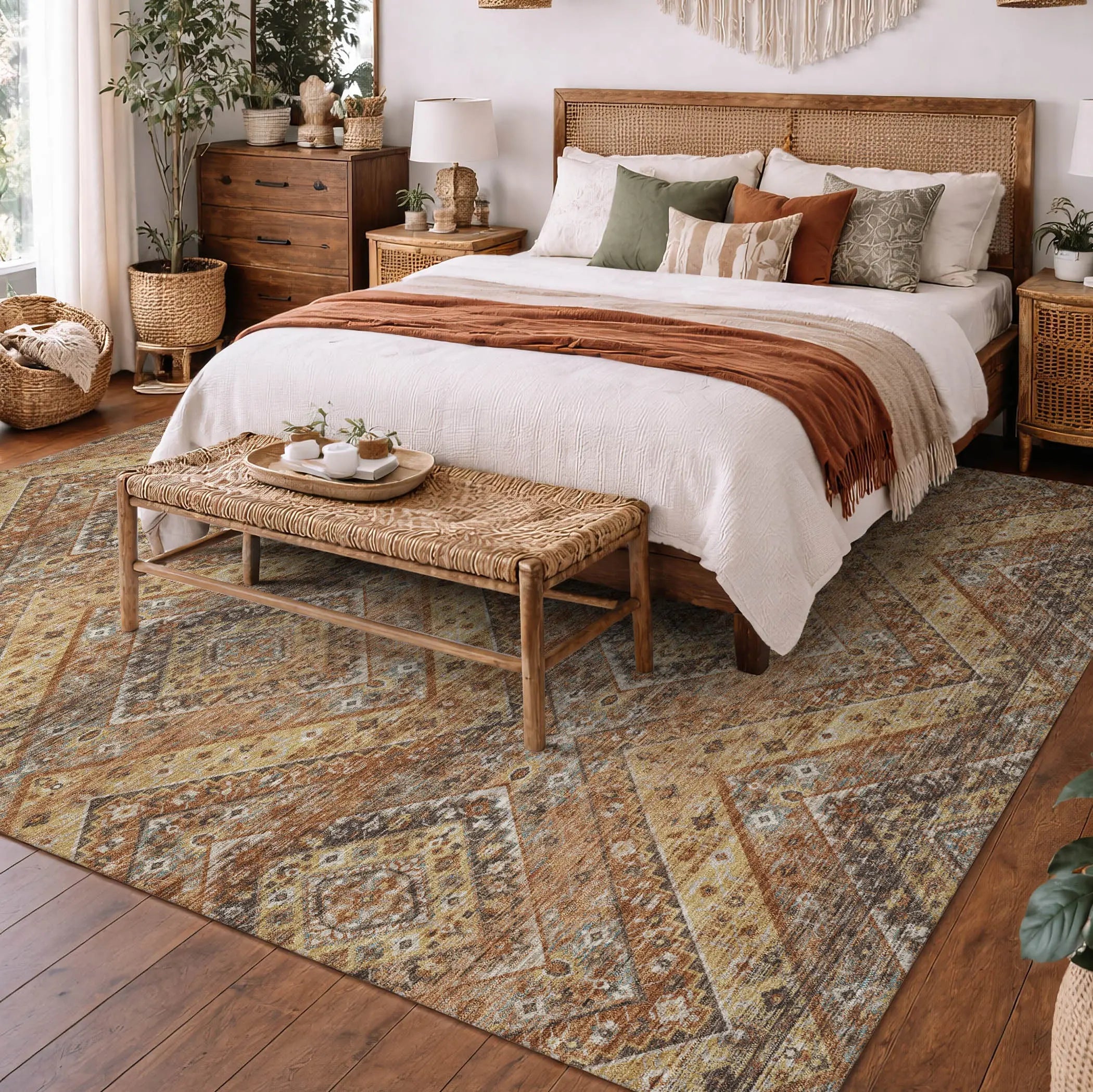 5' X 8' Orange And Green Tribal Washable Indoor Outdoor Area Rug Homeroots Outdoor