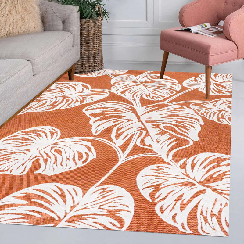 5' X 8' Orange And Ivory Floral Indoor Outdoor Area Rug - GreatEagleInc