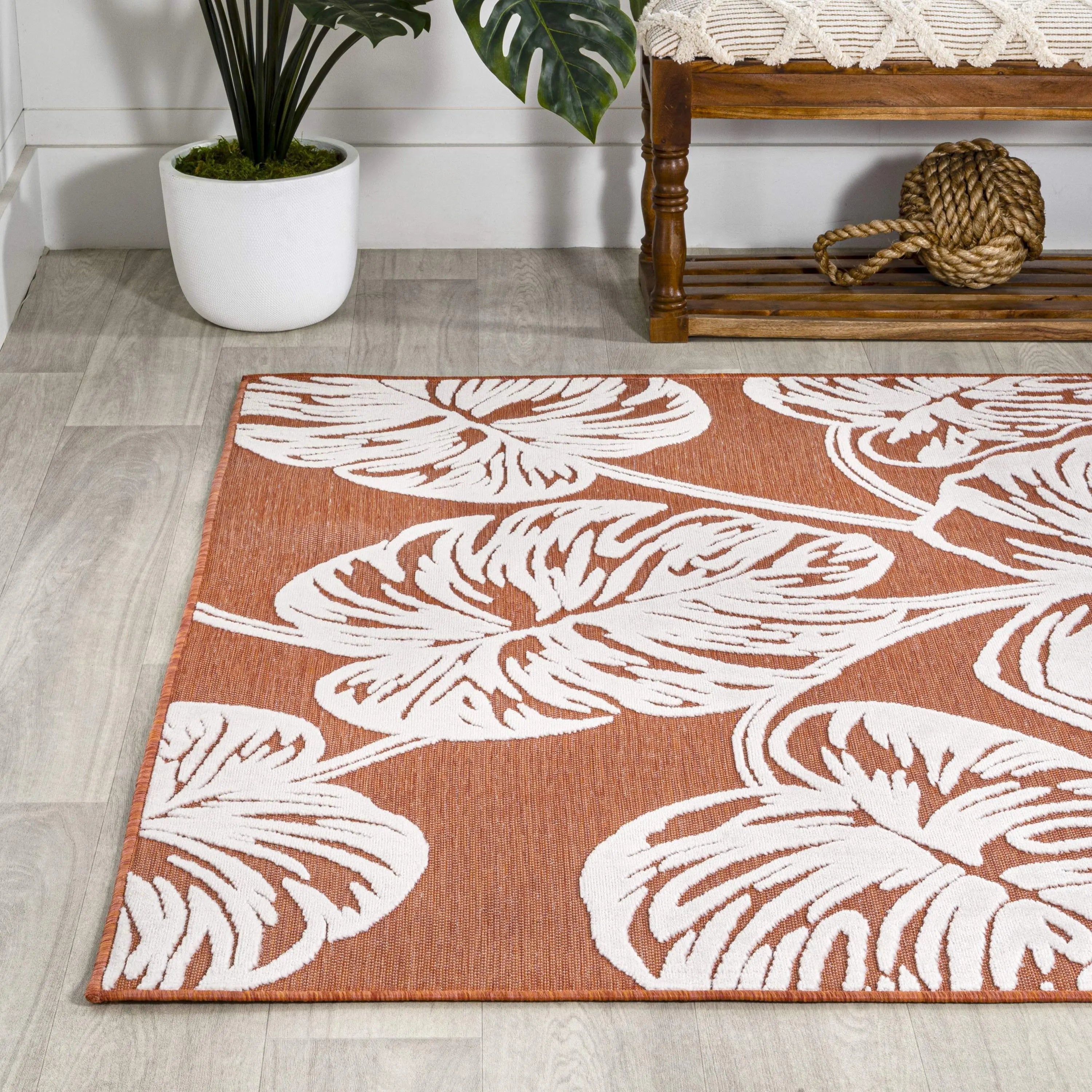 5' X 8' Orange And Ivory Floral Indoor Outdoor Area Rug - GreatEagleInc