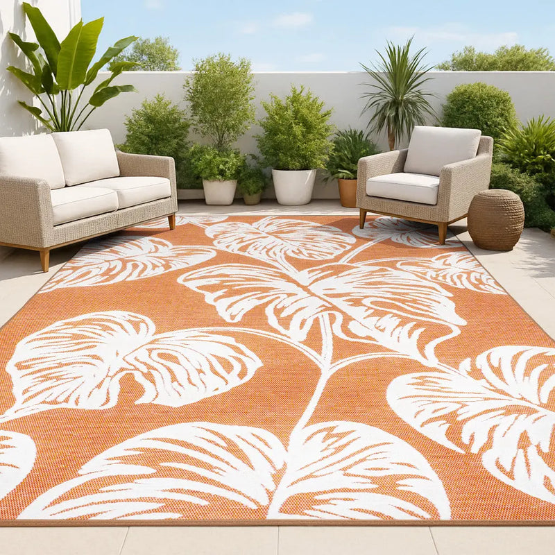 5' X 8' Orange And Ivory Floral Indoor Outdoor Area Rug - GreatEagleInc