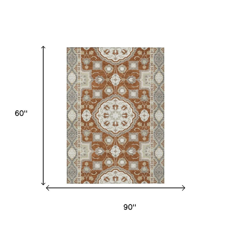 5' X 8' Orange And Ivory Floral Medallion Washable Indoor Outdoor Area Rug Homeroots Outdoor