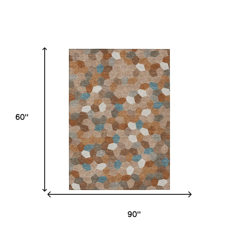 5' X 8' Orange And Ivory Geometric Washable Indoor Outdoor Area Rug Homeroots Outdoor