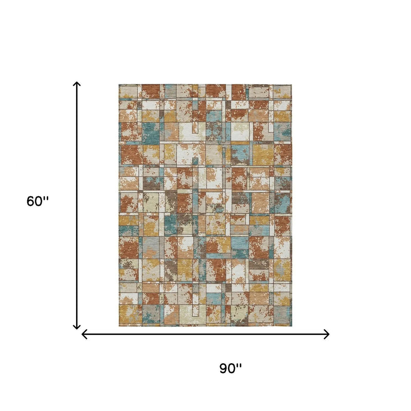 5' X 8' Orange And Ivory Geometric Washable Indoor Outdoor Area Rug Homeroots Outdoor