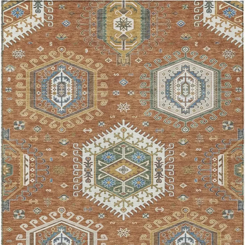 5' X 8' Orange And Ivory Tribal Washable Indoor Outdoor Area Rug Homeroots Outdoor