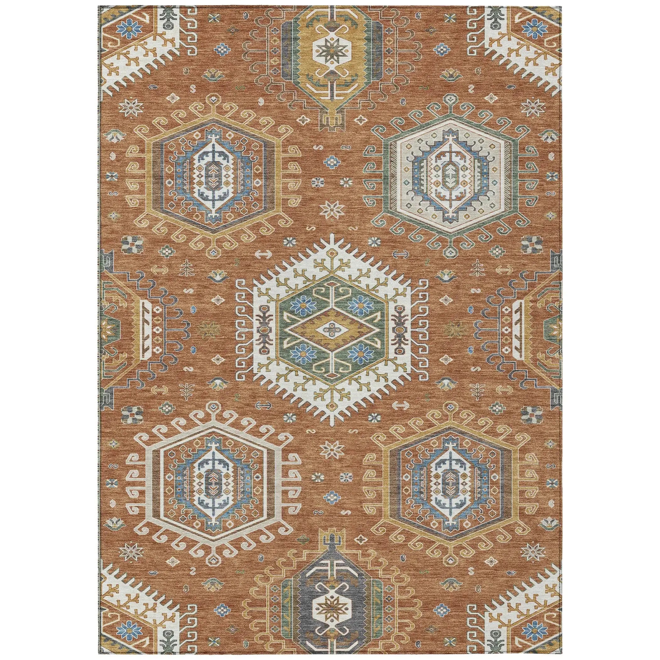 5' X 8' Orange And Ivory Tribal Washable Indoor Outdoor Area Rug Homeroots Outdoor
