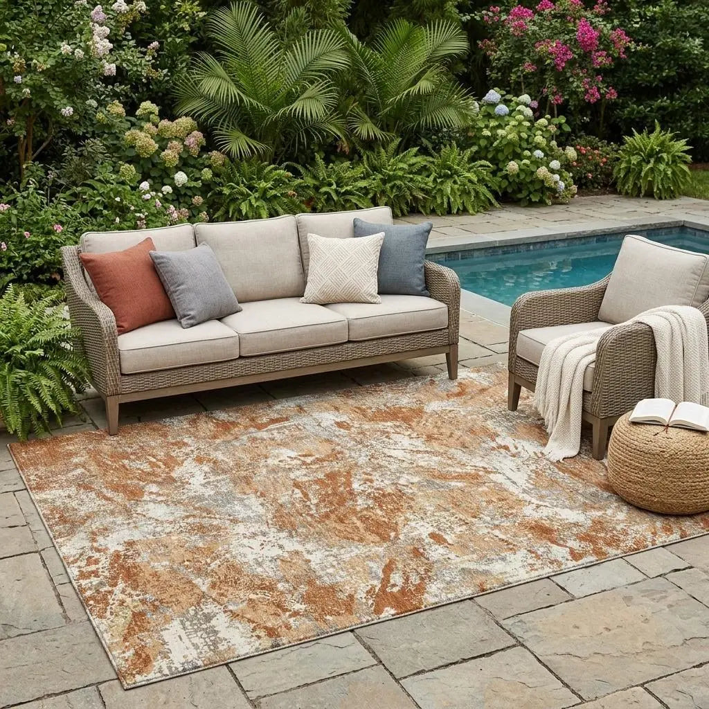 5' X 8' Orange And Khaki Abstract Washable Indoor Outdoor Area Rug Homeroots Outdoor