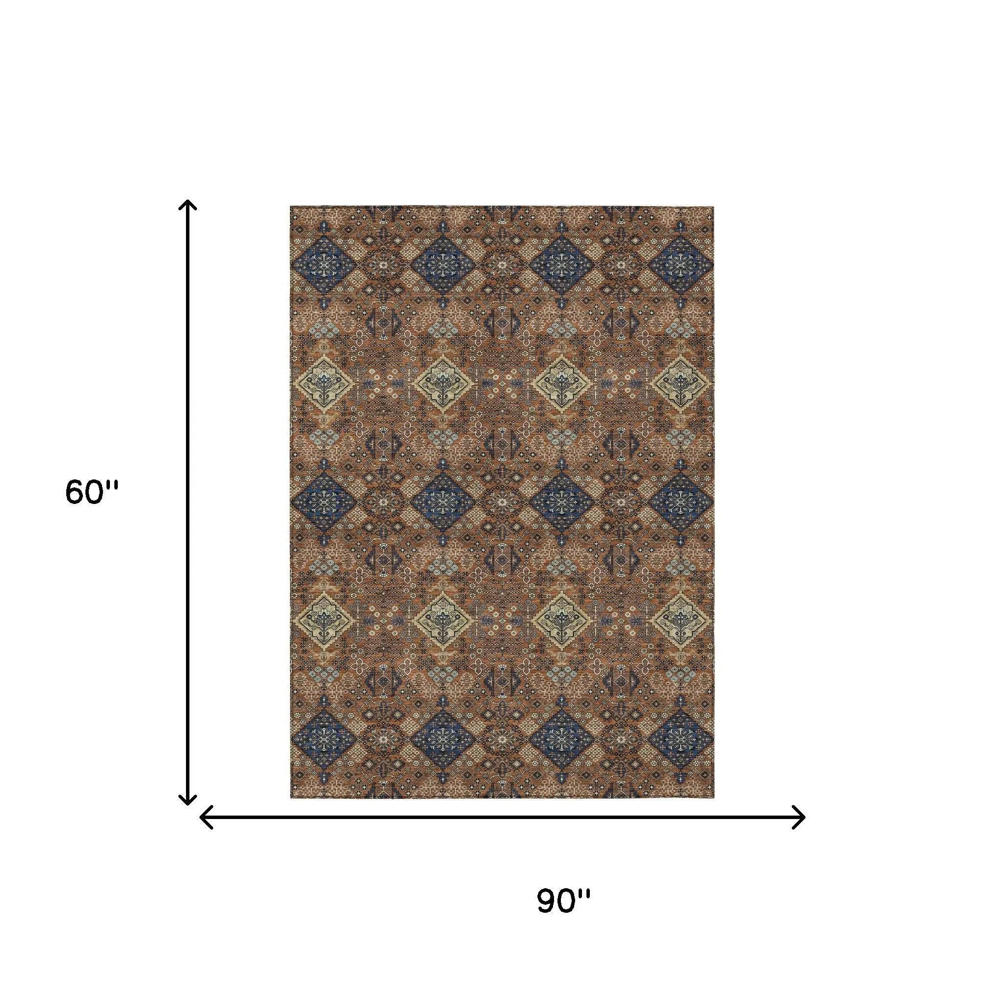 5' X 8' Orange And Navy Blue Geometric Washable Indoor Outdoor Area Rug Homeroots Outdoor