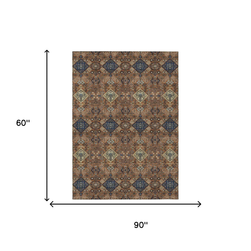 5' X 8' Orange And Navy Blue Geometric Washable Indoor Outdoor Area Rug Homeroots Outdoor