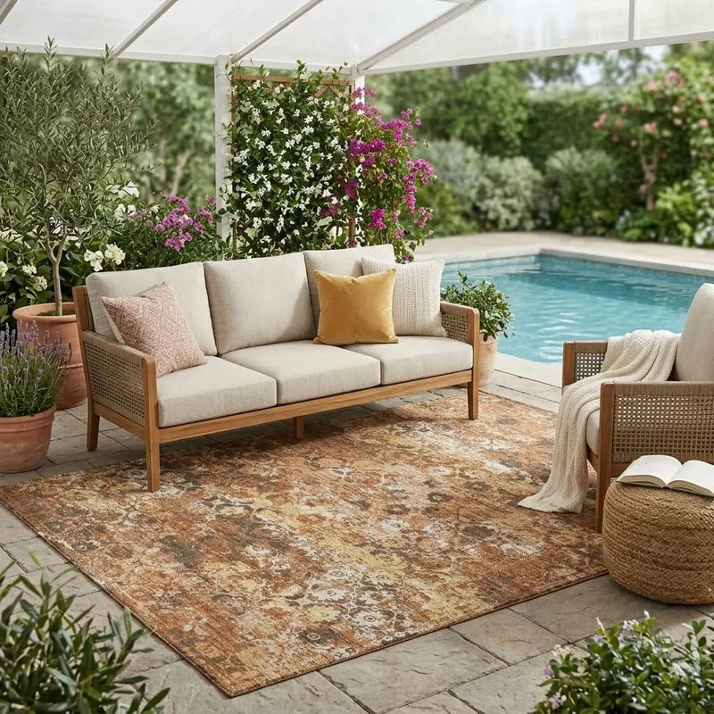 5' X 8' Orange And Rust Floral Medallion Washable Indoor Outdoor Area Rug Homeroots Outdoor