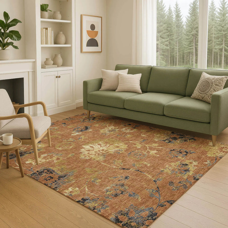 5' X 8' Orange And Rust Floral Washable Indoor Outdoor Area Rug Homeroots Outdoor