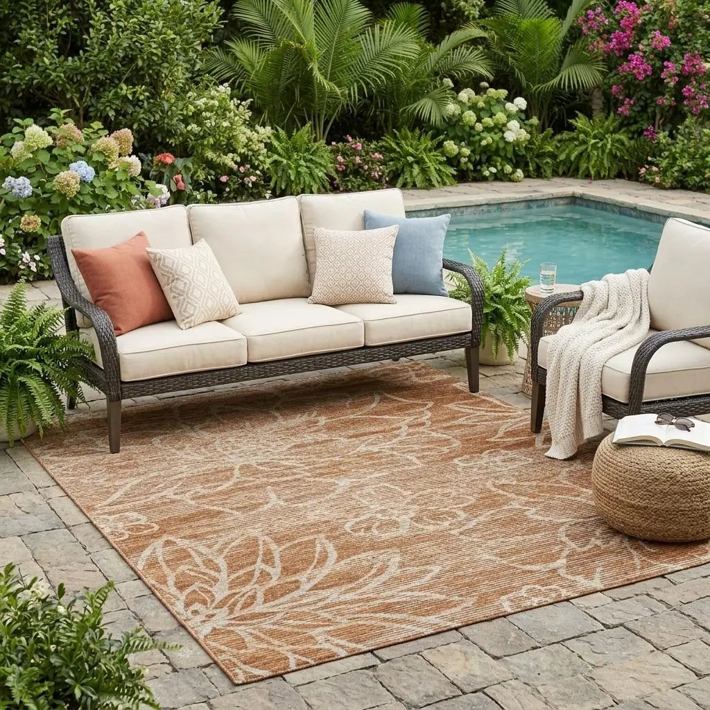 5' X 8' Orange And Rust Floral Washable Indoor Outdoor Area Rug Homeroots Outdoor