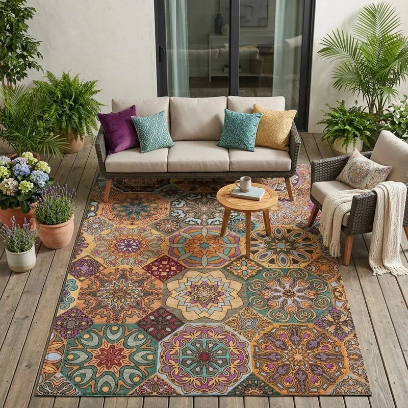 5' X 8' Orange And Rust Patchwork Washable Indoor Outdoor Area Rug Homeroots Outdoor