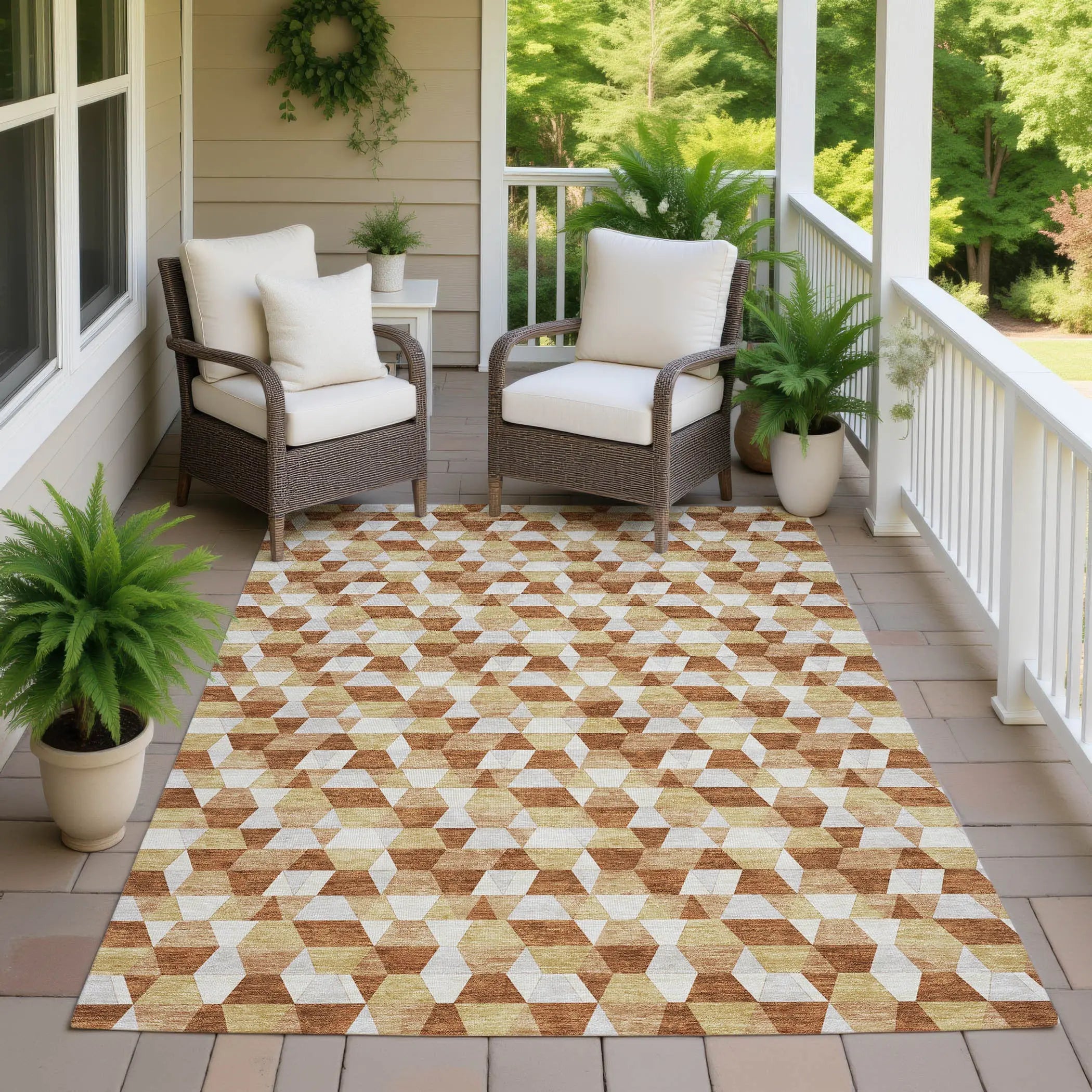 5' X 8' Orange And Silver Geometric Washable Indoor Outdoor Area Rug Homeroots Outdoor