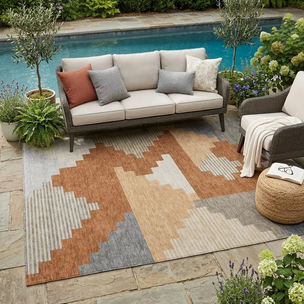5' X 8' Orange And Silver Geometric Washable Indoor Outdoor Area Rug Homeroots Outdoor