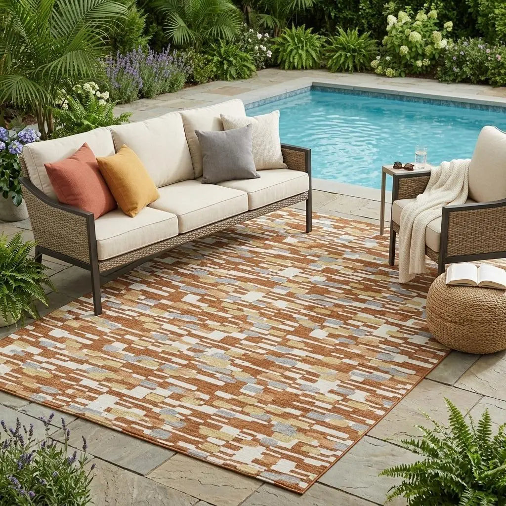 5' X 8' Orange And Silver Geometric Washable Indoor Outdoor Area Rug Homeroots Outdoor
