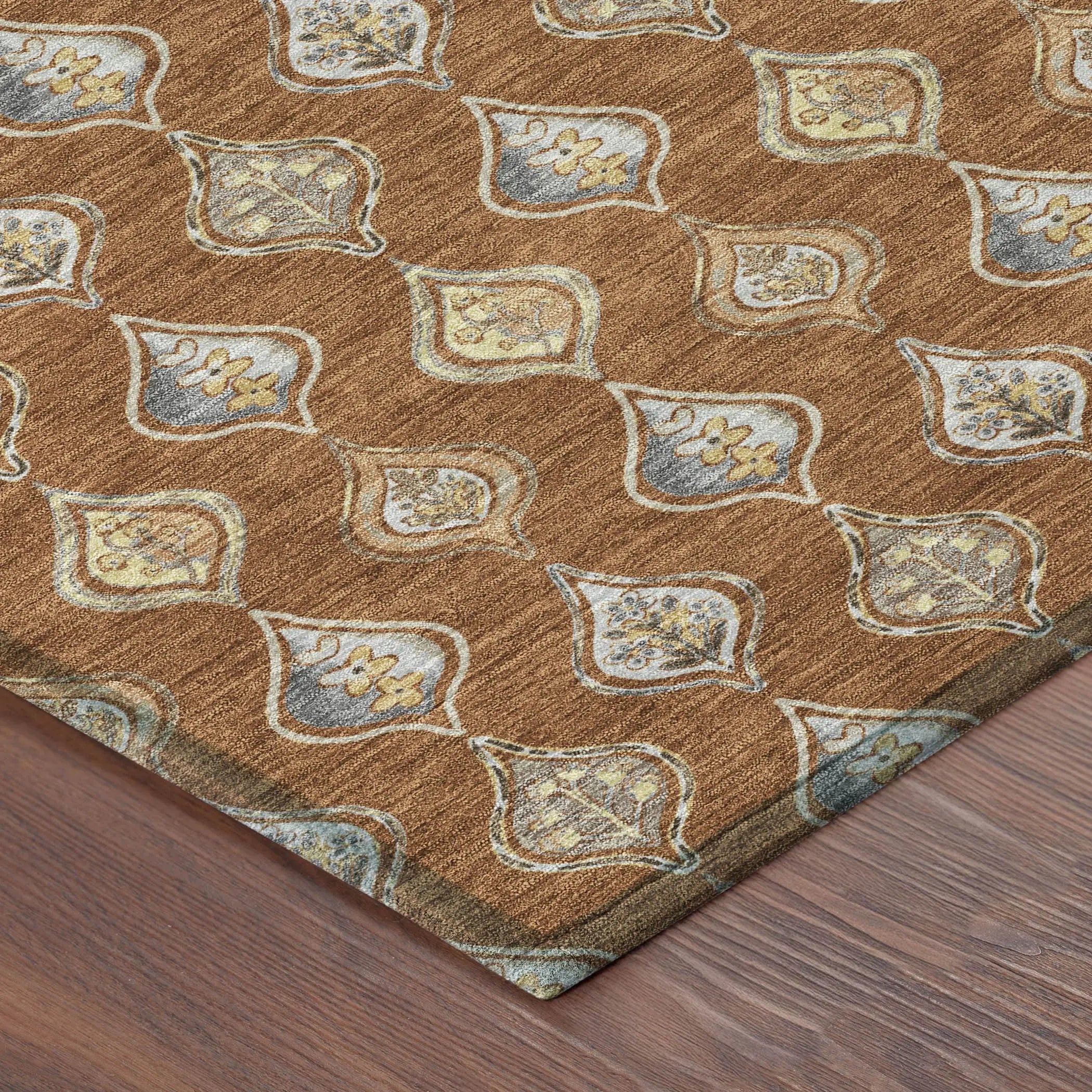 5' X 8' Orange And Taupe Floral Washable Indoor Outdoor Area Rug Homeroots Outdoor