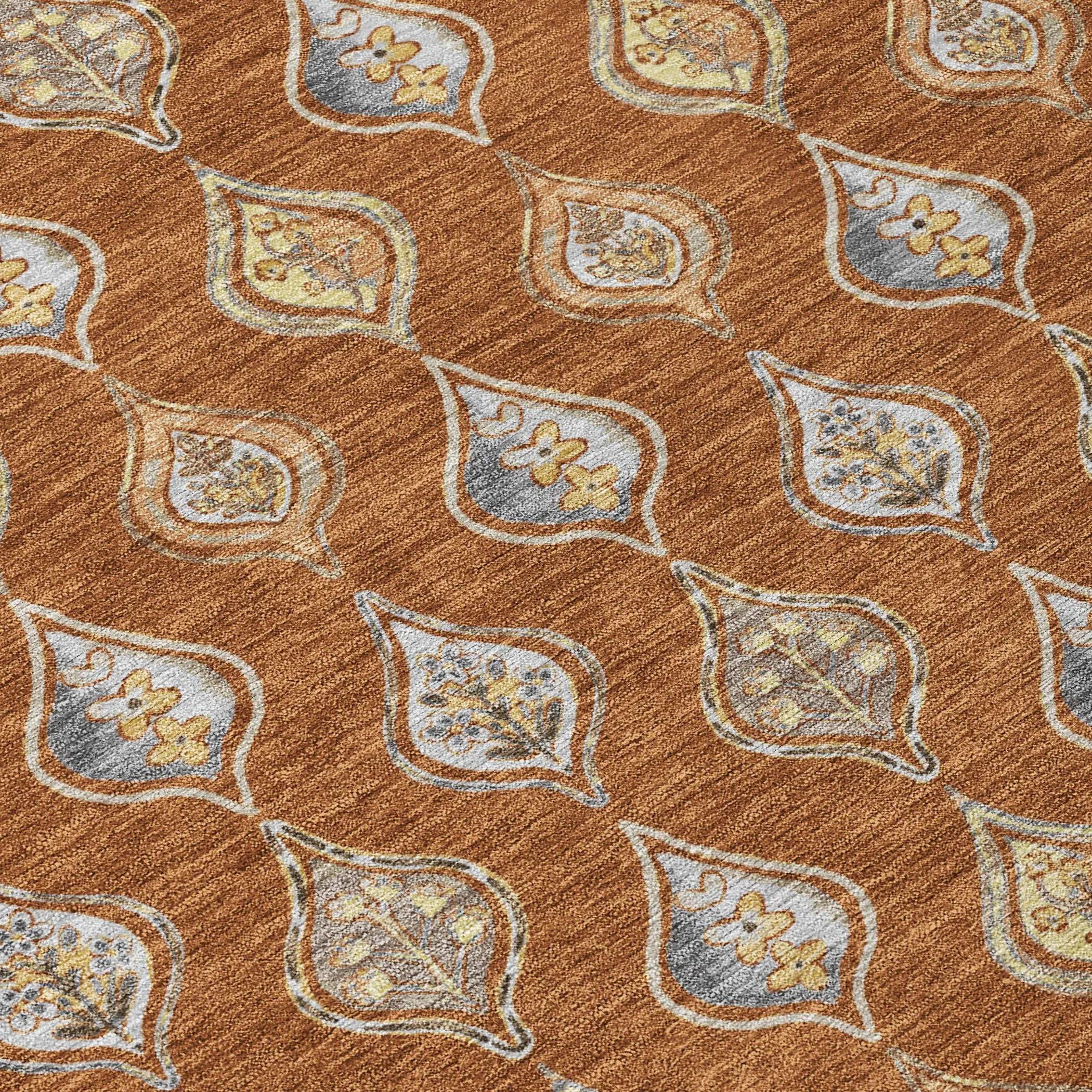 5' X 8' Orange And Taupe Floral Washable Indoor Outdoor Area Rug Homeroots Outdoor