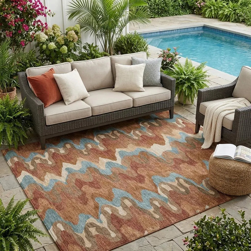 5' X 8' Orange And Teal Blue Abstract Washable Indoor Outdoor Area Rug Homeroots Outdoor