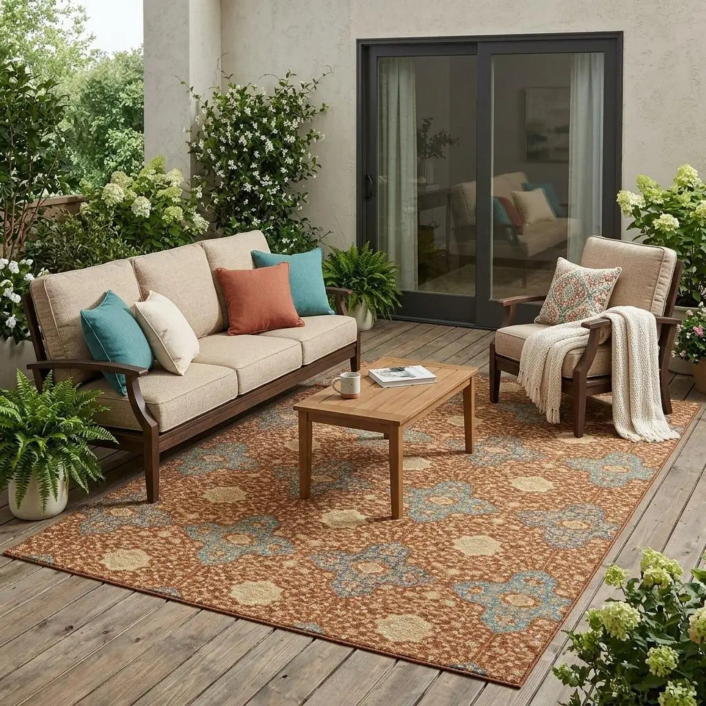 5' X 8' Orange And Teal Blue Damask Washable Indoor Outdoor Area Rug Homeroots Outdoor