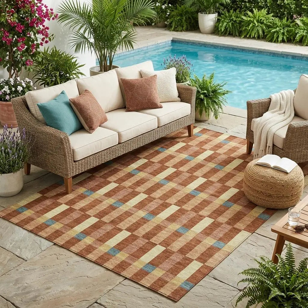 5' X 8' Orange And Teal Blue Geometric Washable Indoor Outdoor Area Rug Homeroots Outdoor