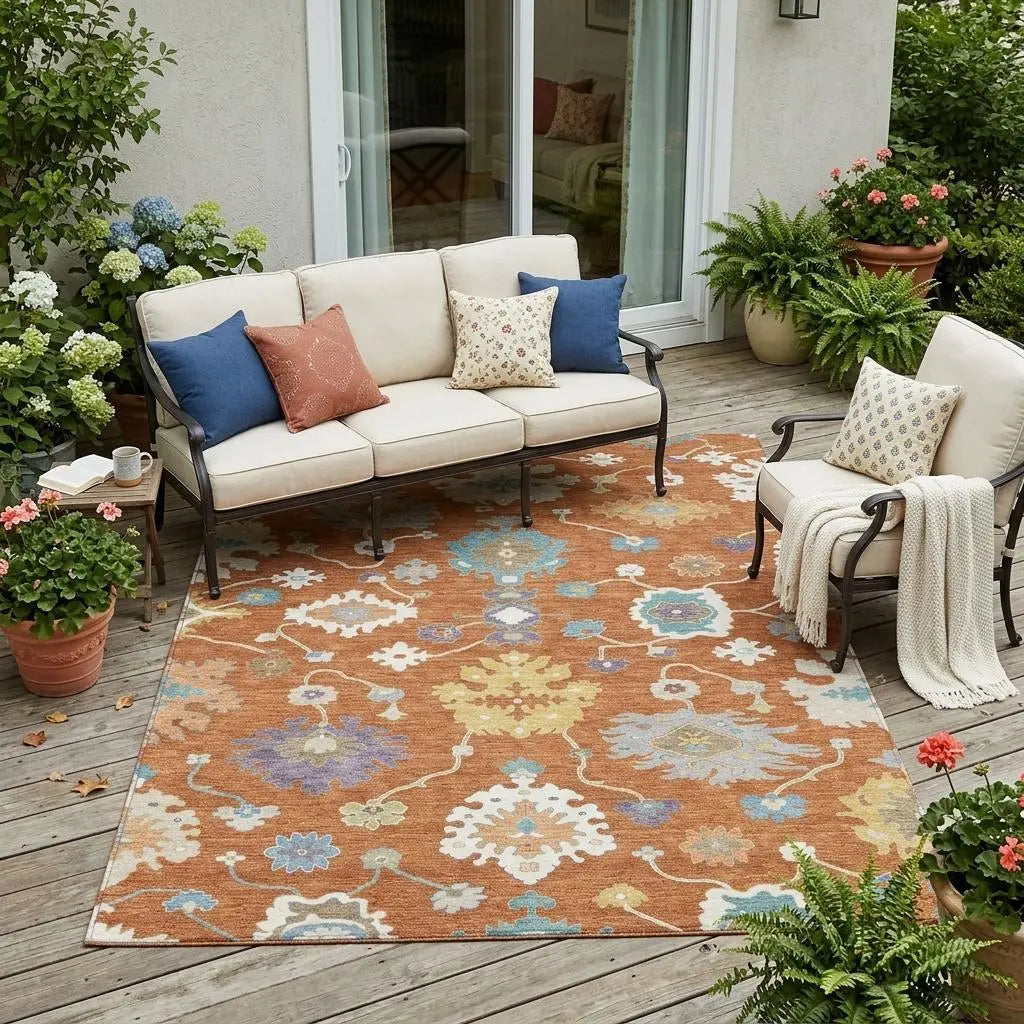 5' X 8' Orange And Teal Blue Oriental Washable Indoor Outdoor Area Rug Homeroots Outdoor